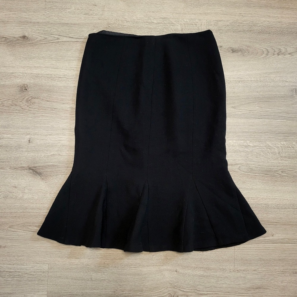 Ann Taylor Black Flared Trumpet Midi Skirt Size 8 Side Zip Lined Office Business